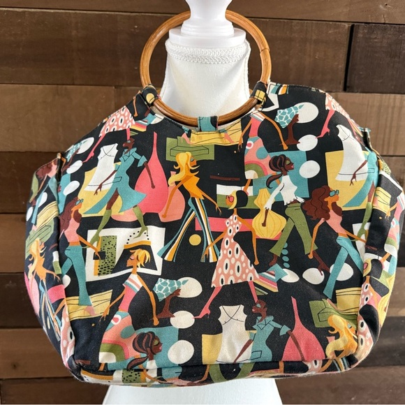 Colorful Abstract Women's Bag with Bamboo Handles - Picture 4 of 4